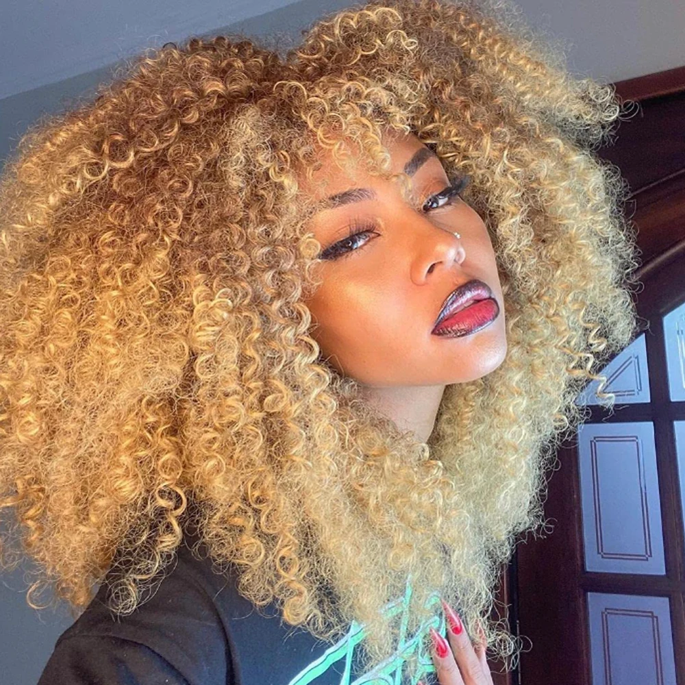 

Вьющиеся парики для чернокожих женщин Афро-кудрявый парик с челкой Синтетическое волокно машинного производства Бесклеевые странные вьющиеся волосы Блондинка