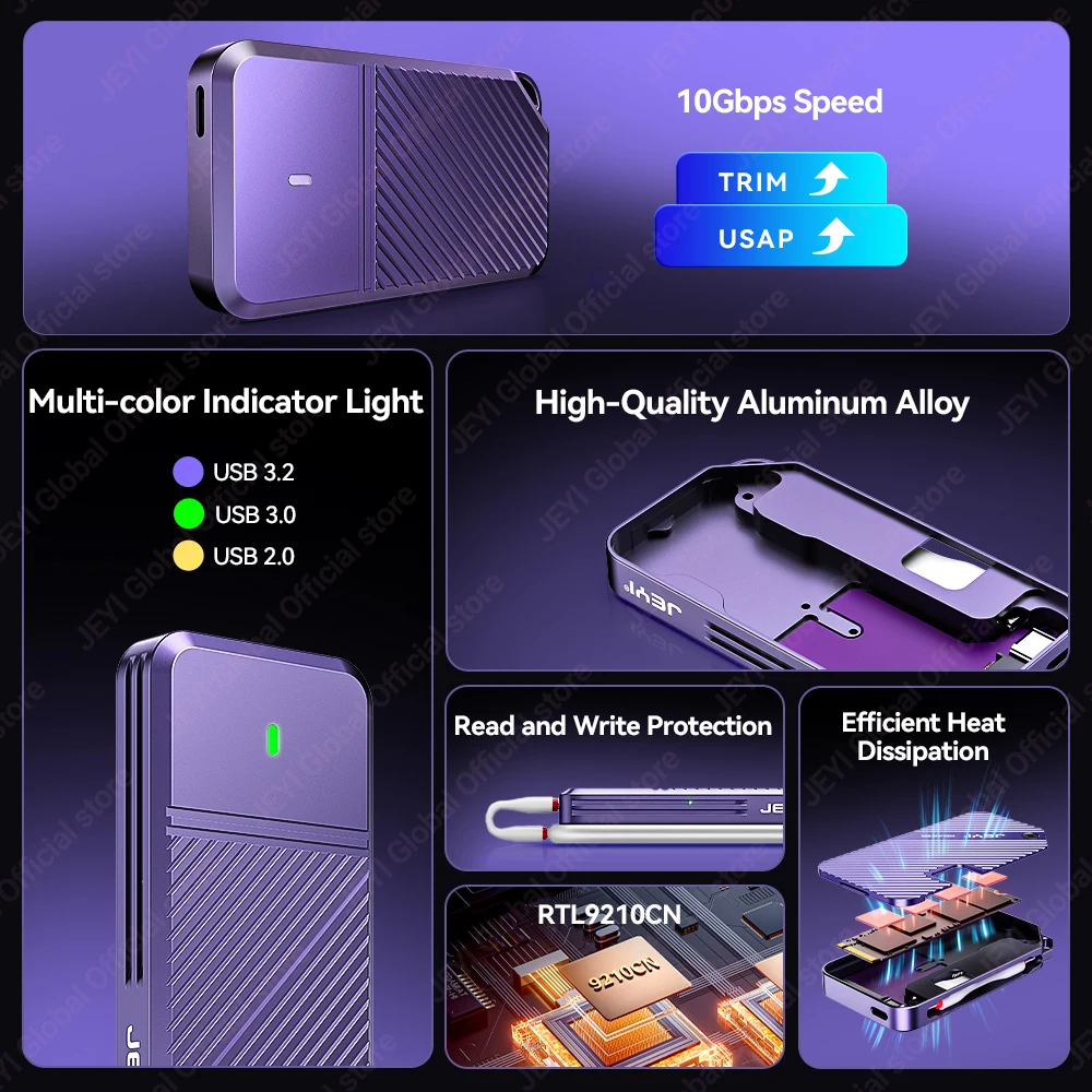 JEYI Gyro-Sensor Write Protection M.2 NVMe Enclosure USB-C SSD Case & RTL9210CN Chip 10Gbps Supports 2230/42/80 SSD UASP TRIM