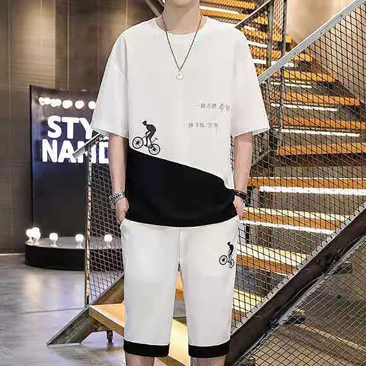 Men's Short Sleeved T-shirt With Two Tone Chinese Style Pattern Printed Five Quarter Pants Summer Youth Student Clothing