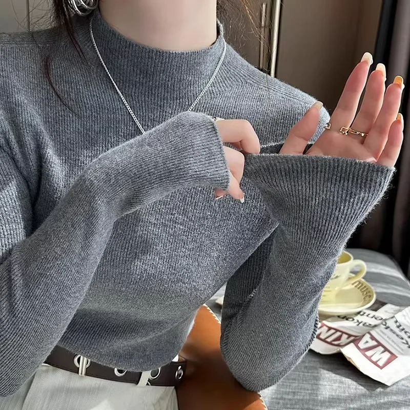 Hot Sale Women Sweater Autumn Mock Neck Vintage Basic Solid Knitted Tops Slim Pullover Korean Sweaters Long Sleeve Clothes 90s
