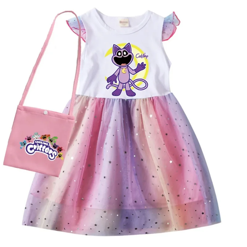 Cartoon smiling critters baby girl dresses kids catnap clothes cosplay costume children fly sleeve casual dress with bag