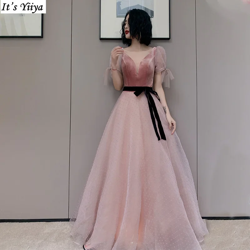 

It's Yiiya Eveing Dress Pink Velvet Dots Tulle V-neck Short Sleeves Lace up A-line Floor Length Plus size Lady Party Formal Gown