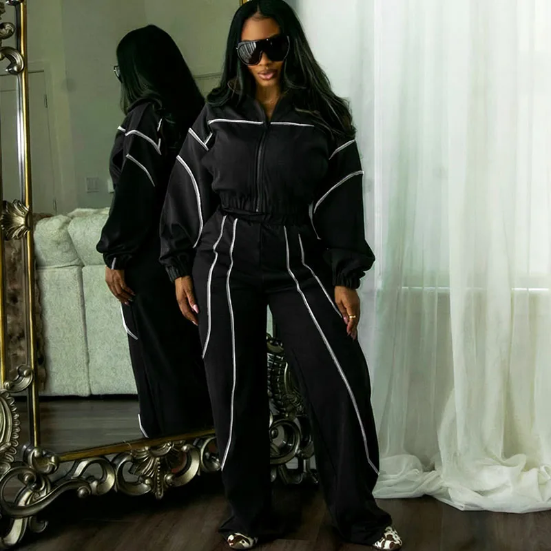 Doyerl Striped Casual Tracksuit Woman Two Piece Set Sports Workout Zipper Long Sleeve Jacket Coat and Sweatpants Matching Sets
