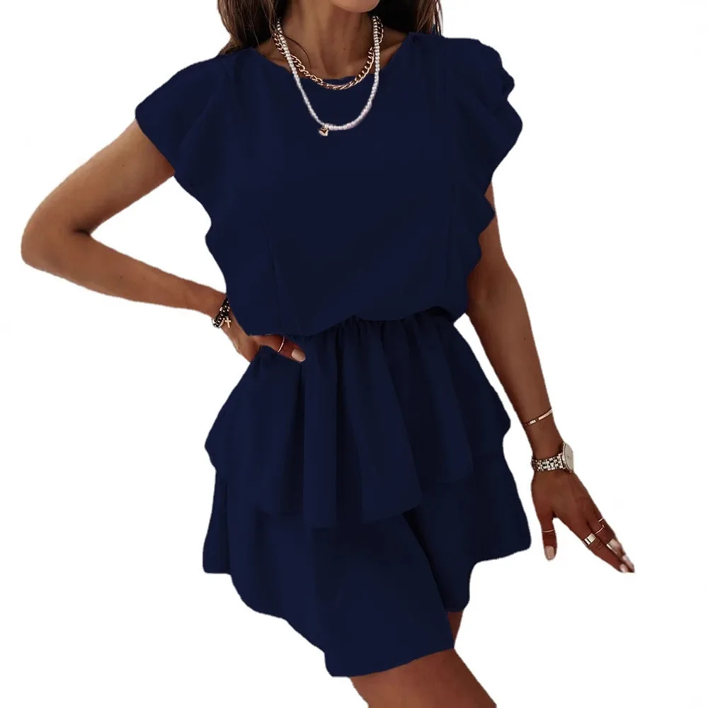 Vestido elegante solto de manga curta com babados e camada dupla com temperamento de cor sólida e cintura cinching vestido de manga curta