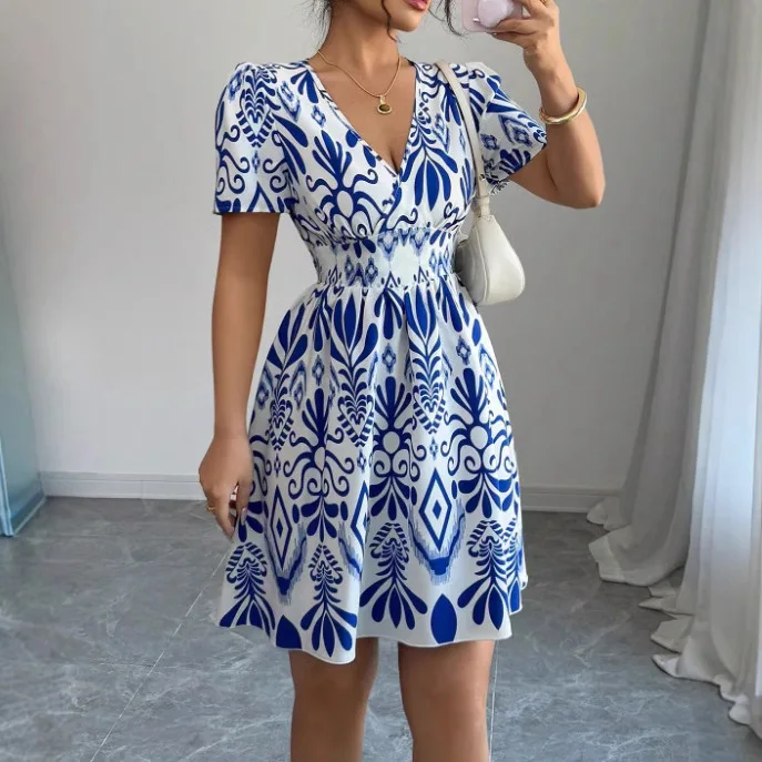 

European And American Summer New 2025 Women's Printed Folded Sleeve Square Collar Beach Holiday Fashion Dress