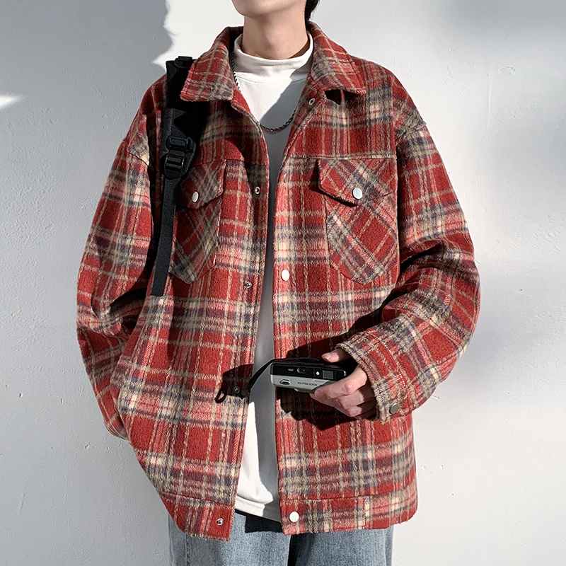 Autumn Winter Men's Turn-down Collar Solid Plaid Striped Button Pocket Cardigan Shirt Jacket Fashion Office Lady Casual Tops