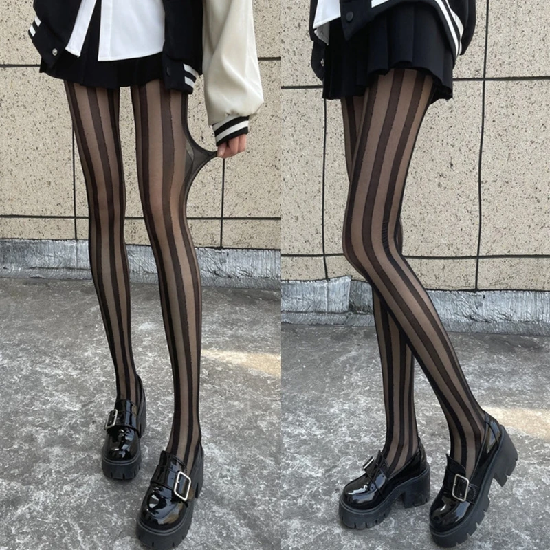 Women Sexy Silky Transparent Pantyhose Harajuku Black Vertical Striped Sheer Full Footed Tights Stretchy Beauty Leg Stockings