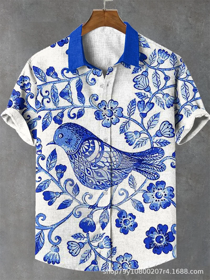 

Hawaii shirt 3D digital printed men's shirt linen 2024 fashionable luxury hot selling blue and white porcelain sparrow pattern