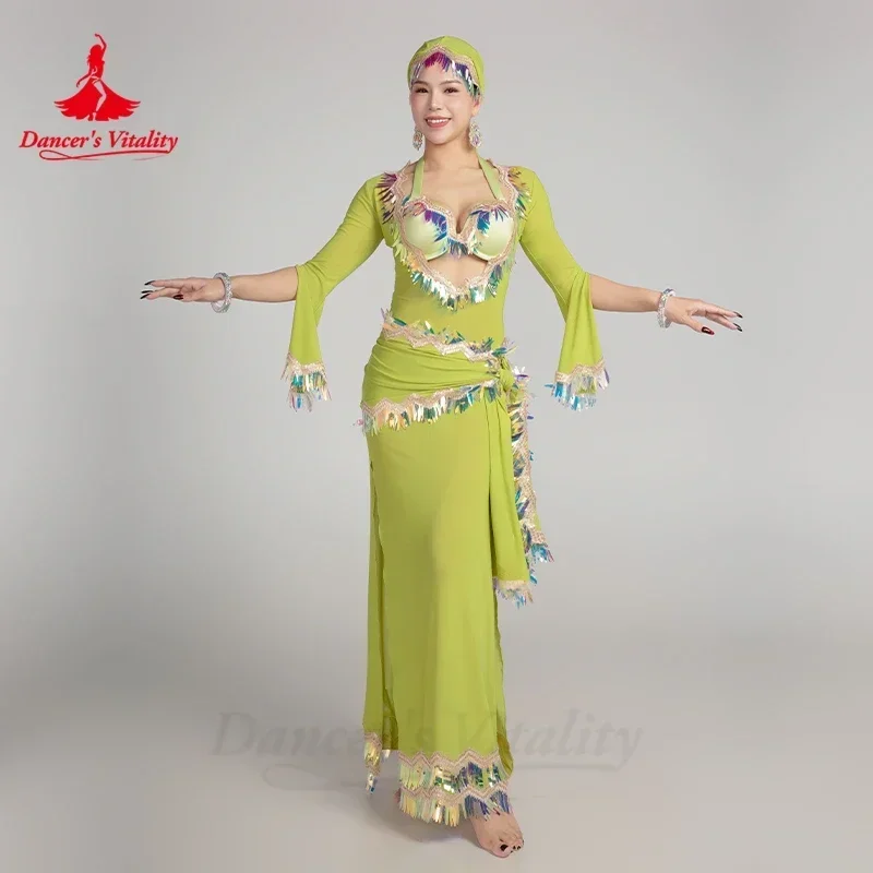 Belly Dance Performance Costume for Women Advanced Elegant Robe+Bra+Headscarf+Hip Scarf 4pcs Balady Saidi Competition Robes