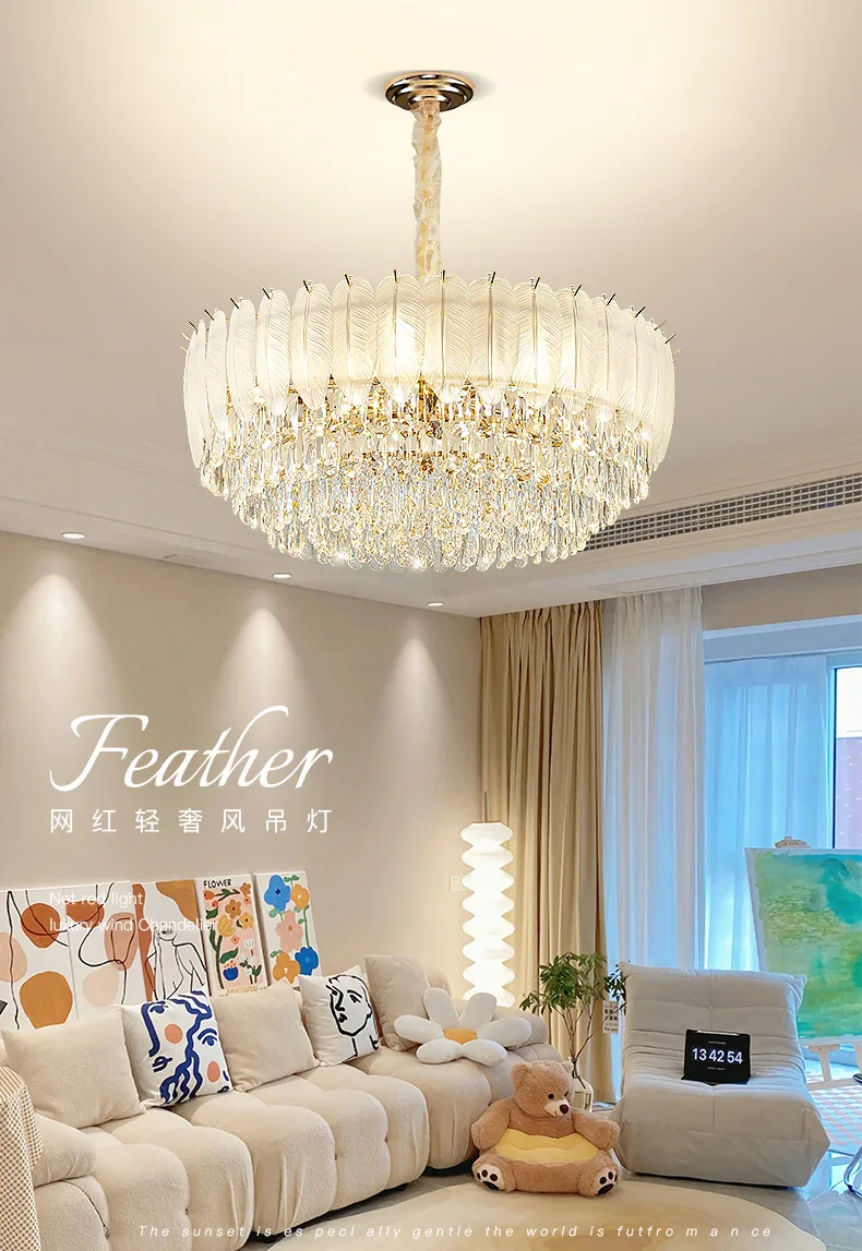 Crystal chandelier, living room light, dining room light, bedroom master bedroom room light, creative feather warm lighting