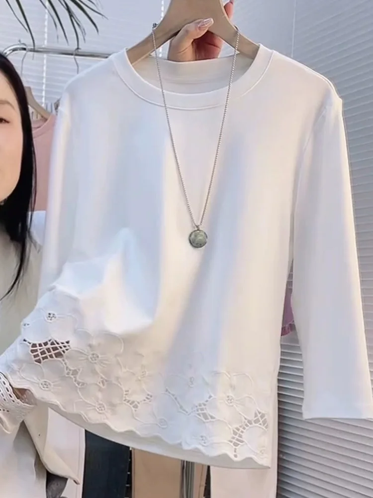   Koronkowa bluzka z okrągłym dekoltem, luźna, w stylu casual, wersja koreańska, z jedwabiu, na wiosnę i lato.