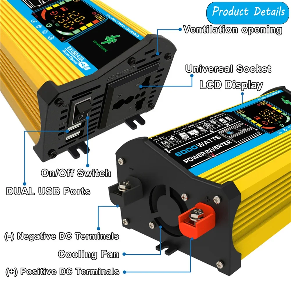 4000/6000W Inverter 12v 220v 110v Modified Sine Wave Car Power Inverter Transformer Convert LCD Display Vehicle Inverter 2USB