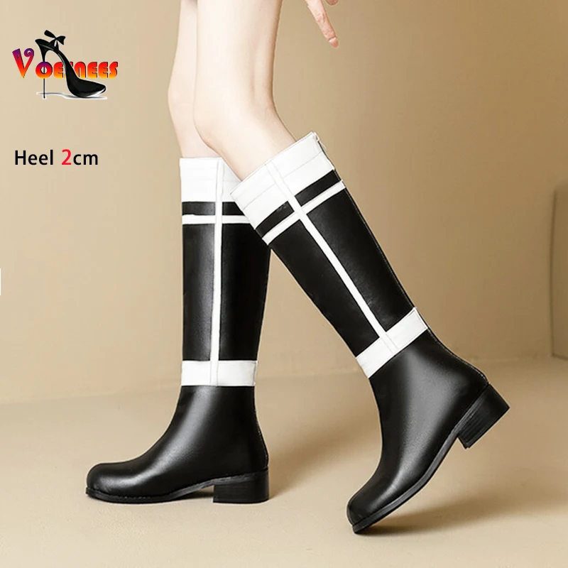 Mixed Colors Large Shoes Women Zip Knee-High Long Boots 2CM Chunk Heels Fashion Cross Dressing Uniform Shoes Botas Size 44 45 46