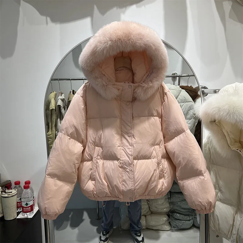 2023 Women Winter Fashion White Duck Down Jackets Female Real Big Fur Collar Hooded Coats Ladies Short Loose Overcoats