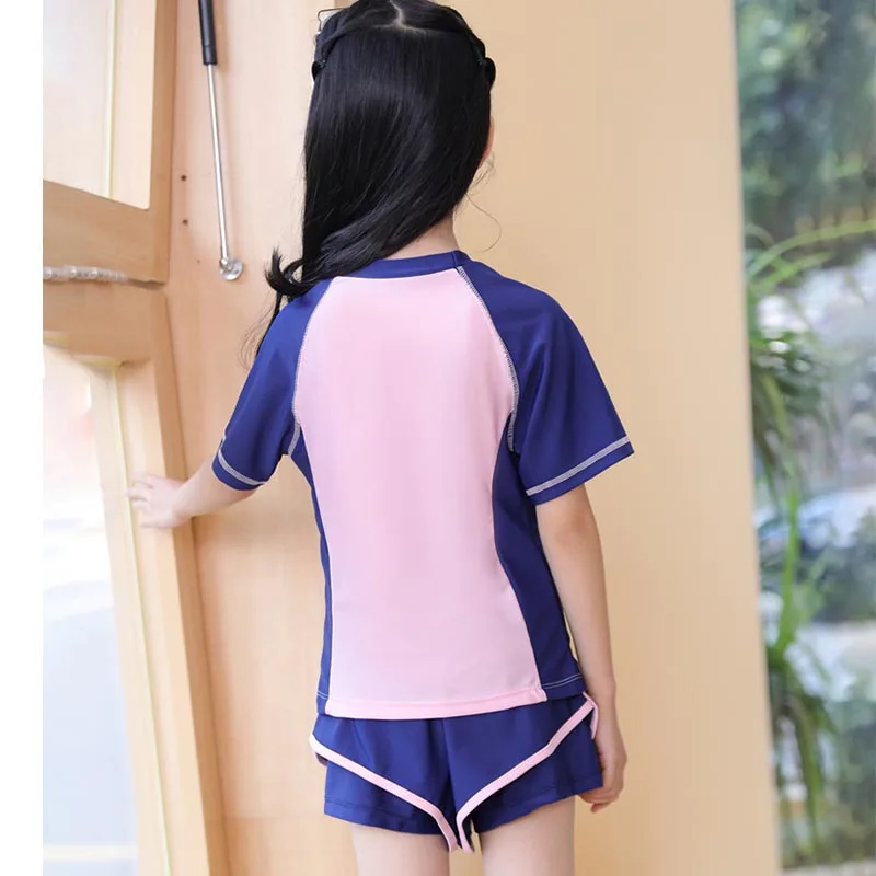 Girls Swimsuit 2 Piece Sets Summer Beach Breathable Bathing Suit Short Sleeve Swimwear with Swimming Trunks