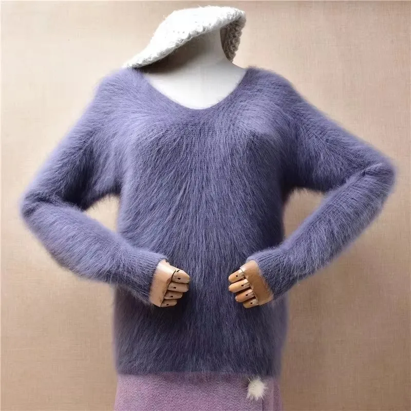 Senhoras mulheres outono inverno roupas vermelho angora coelho cabelo de malha com decote em v três quartos mangas soltas pulôver camisola pull