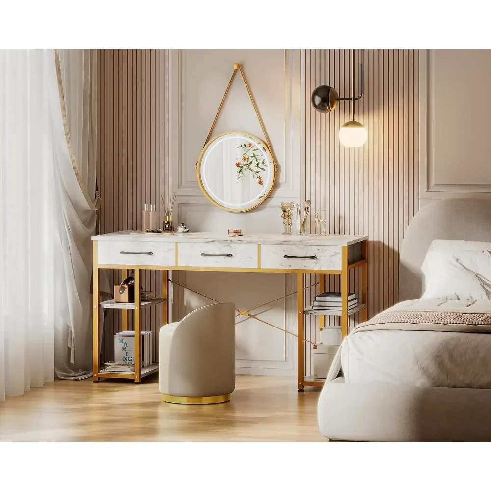 

Dresser, Bedroom Home Desk, Modern Writing Desk, White Marble and Gold Legs, with Fabric Drawers and Storage Shelves