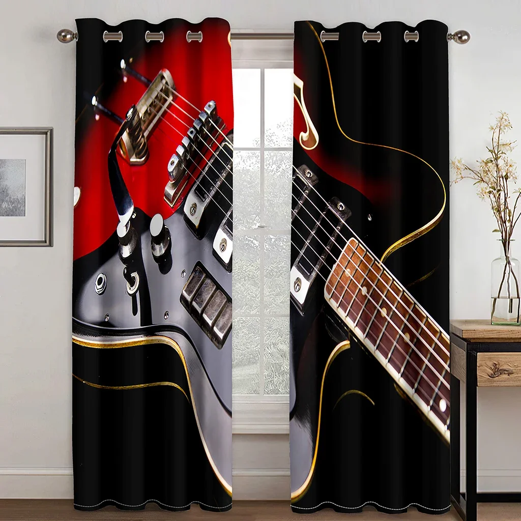 Cheap Modern Boys Cool Guitar Instrument Series Print Thin Window Curtains for Bedroom Living Room Drapes Free Shippig 2 Pieces