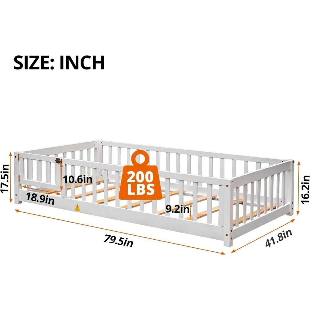 Sturdy Wood Montessori Bed Frame with Wood Slats, Fence & Door, Montessori Floor Bed for Girls and Boys