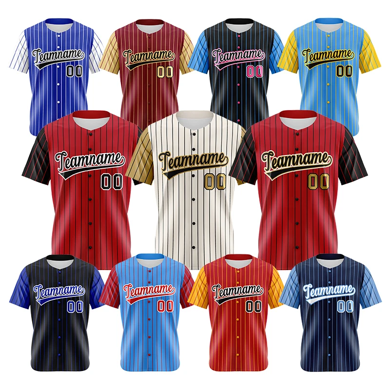 

OEM Blank Baseball Shirt Sublimation Print Logo Name Baseball Uniform Pinstripe Button Down Men Custom Baseball Jersey