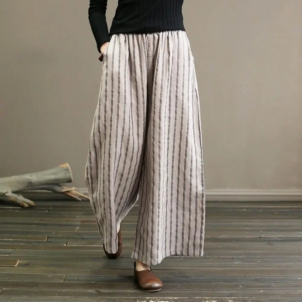 

Cotton Striped Women Wide-leg Pants Straight High Waist Casual Pants Retro Bohemian Style Business Trousers Nine-point Pants