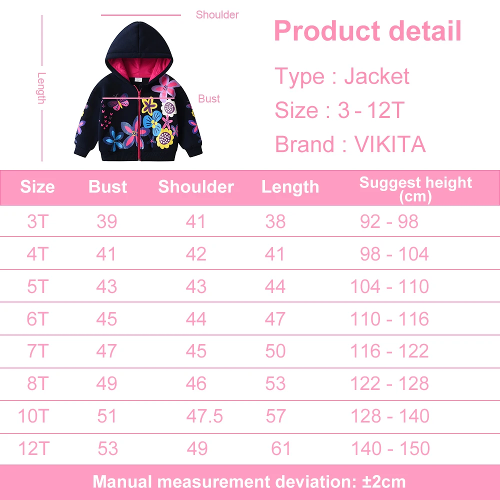 VIKITA Girls Autumn Spring Jackets Kids Hooded Coat Girls Floral Print Zipper Cotton Casual Thick Jacket Children Outwear 3-12 Y