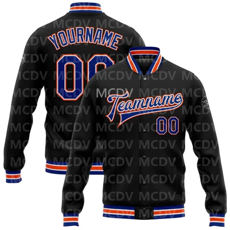 Custom Black Royal-Orange Bomber Full-Snap Varsity Letterman Jacket  Baseball Button Jacket