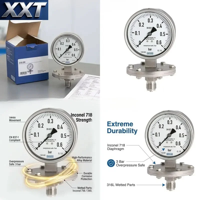 XXT Diaphragm Pressure Gauge 0.6 bar Inconel 718 Alloy Resistant 3 bar Overload Protection