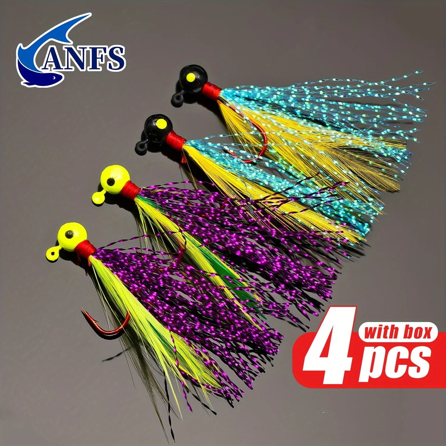 ANFS 4pcs Fly Fishing Lures with Box Jig Heads Ball Head Fishing Hooks Jig Lures 3D Eyes Fishing Jigging Bait