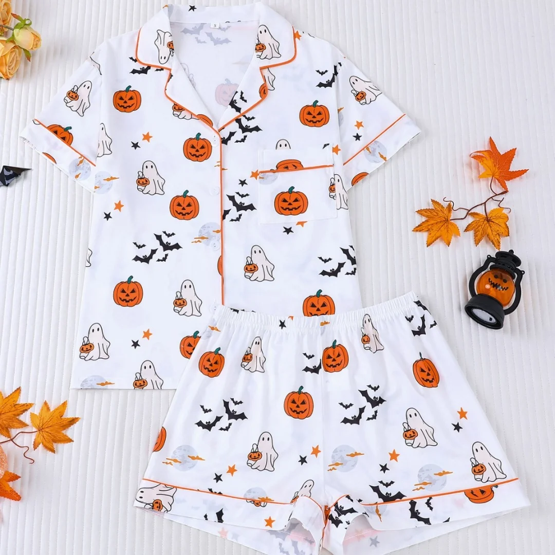 Halloween Themed Pumpkin Bat Ghost Printed Pajamas Set for Women Loungewear Home Wear with Lapels Short Sleeves and Shorts Pants