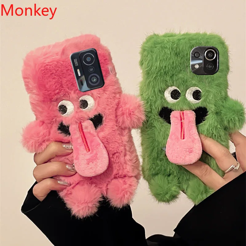 Cartoon Funny Tongue Out Case For Xiaomi 14 13 12X 11 10 Mi 13T 12T 11T 10T Poco F5 F4 GT F3 X4 X3 A1 A2 Plush Soft Fluffy Cover