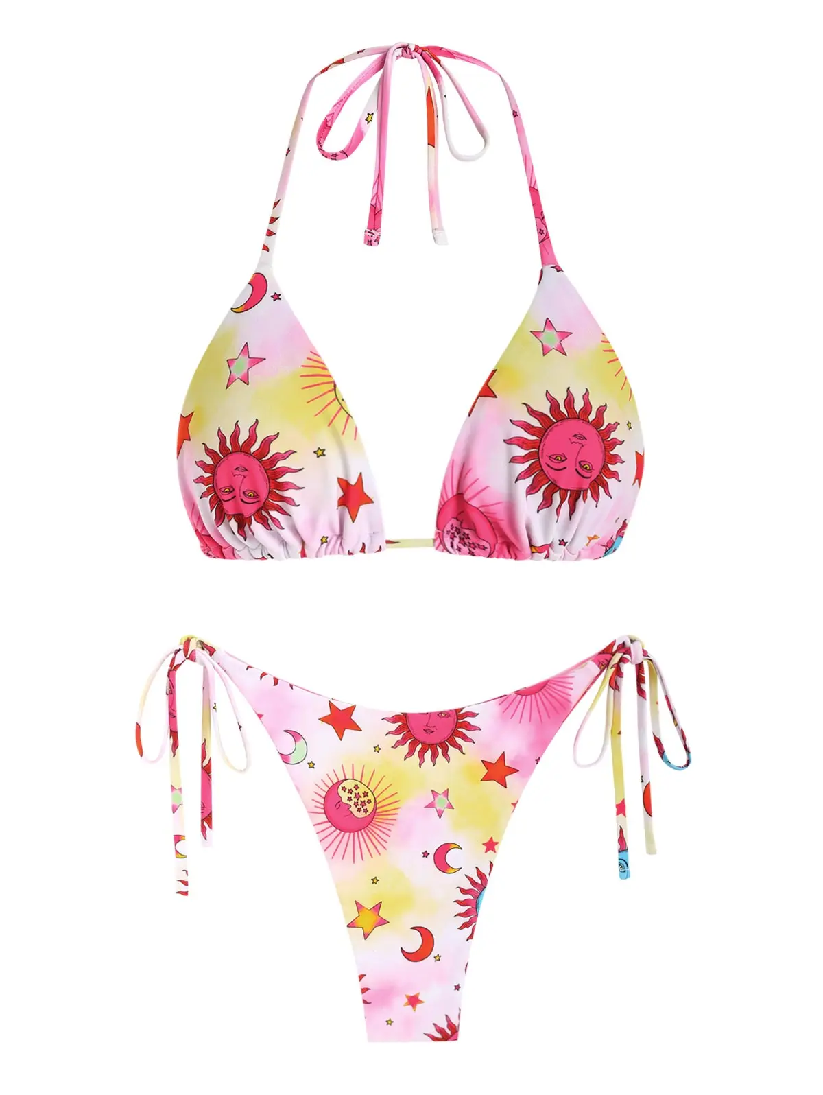 ZAFUL Sun Moon Star Print Halter String Bikini Swimwear