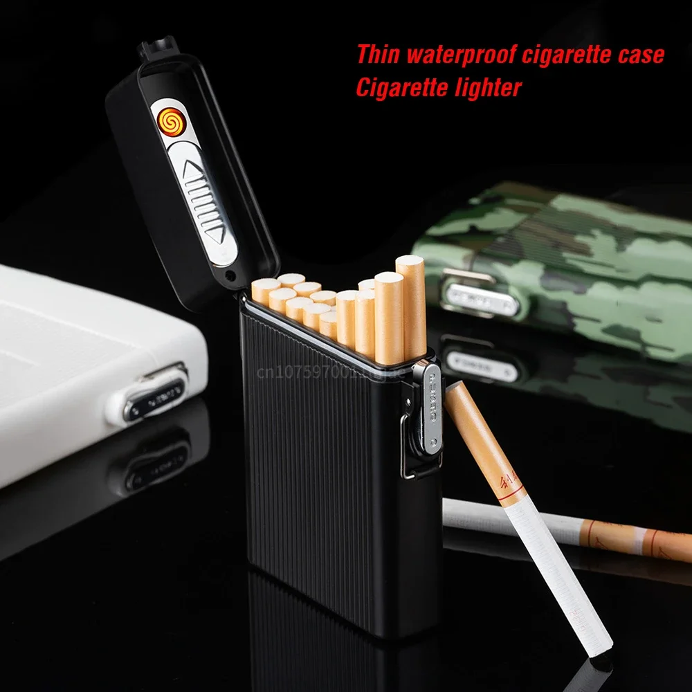 Outdoor Waterproof 16 Cigarette Pack Portable Cigarette Case USB Lighter Windproof Rechargeable Cigarette Lighter Gift for Men