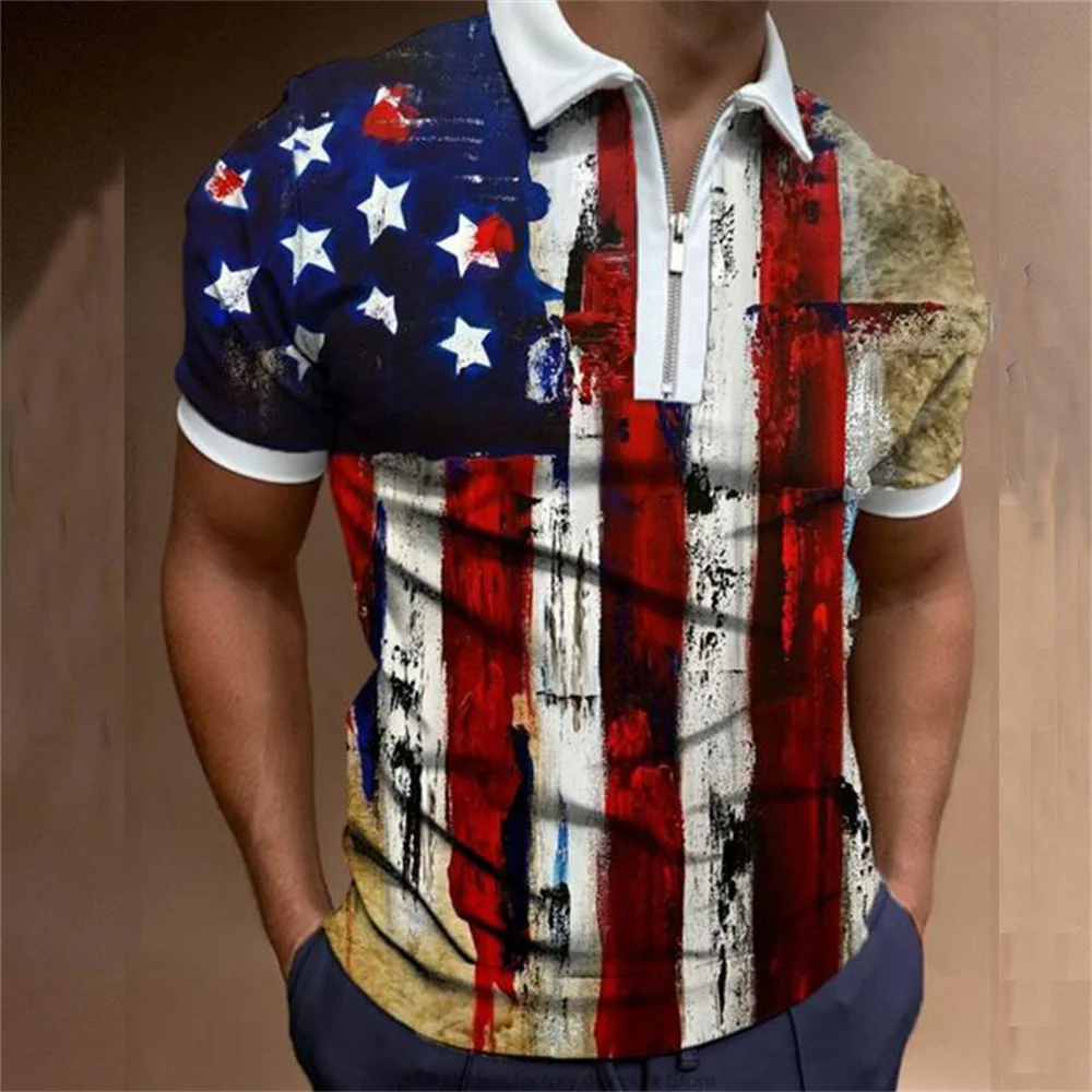 American Flag 3D Printed Summer Men\'s Zipper Collar Polo Shirt Casual Short Sleeve Oversized Tops Fashion Golf Wear Men Clothing