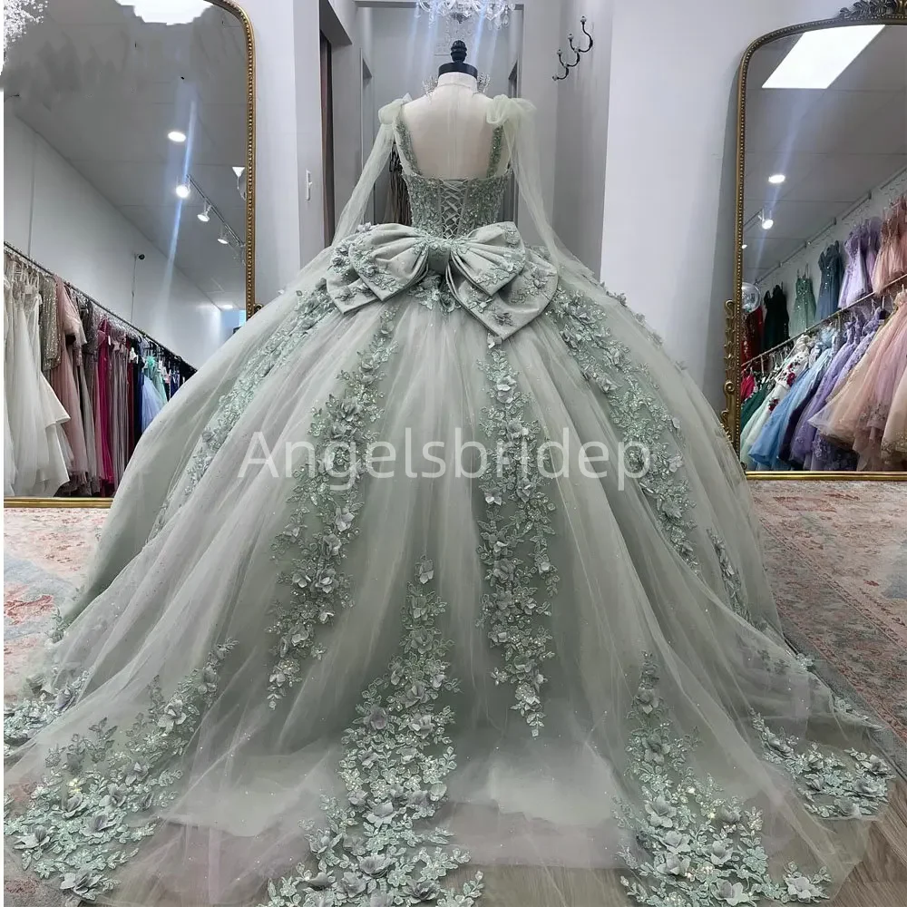 Angelsbridep Customized Sage Green Ball Gown Quinceanera Dresses 2025 Beading 3D Handmade Appliques Sweet 16 Vestido De 15 Anos