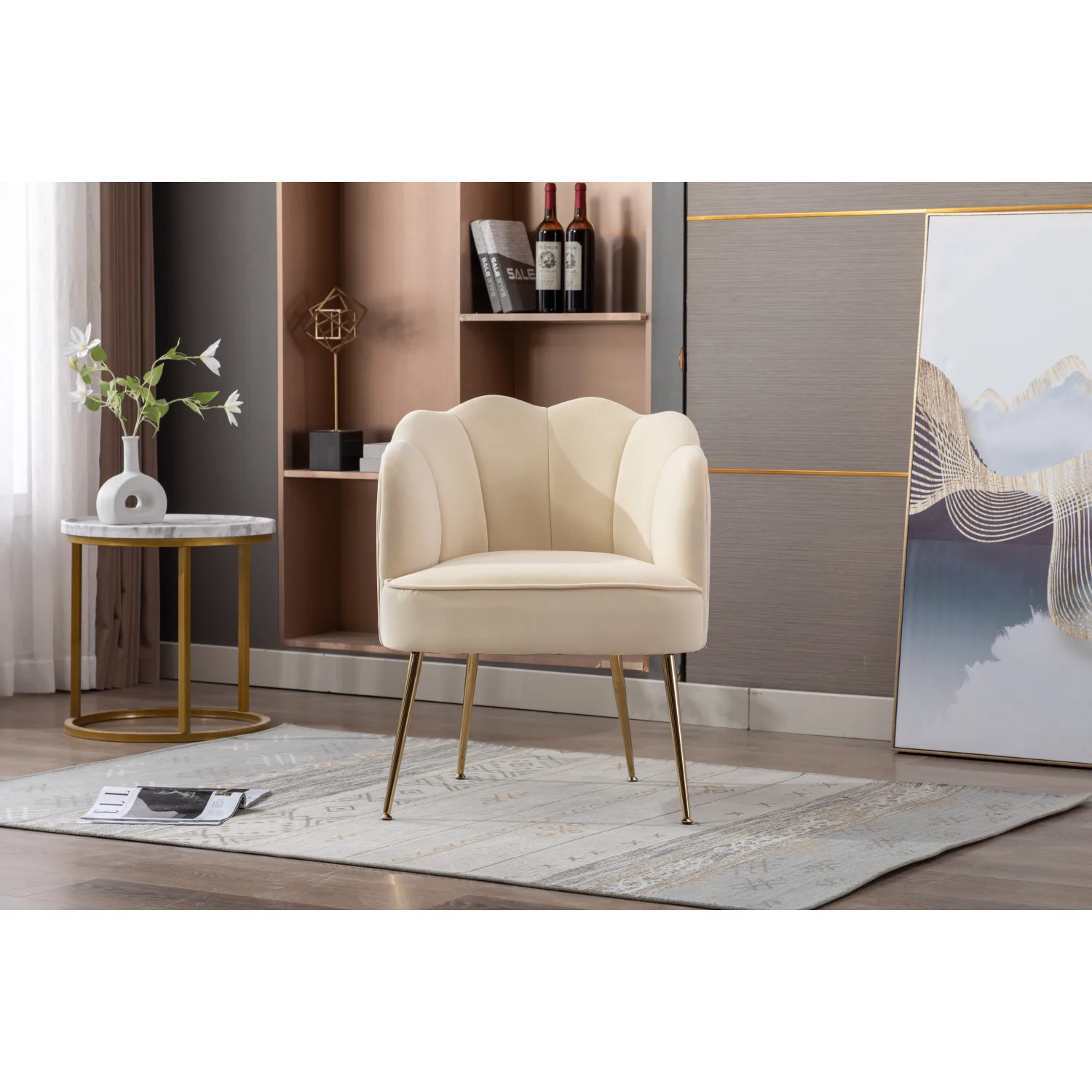 Shell Shape Velvet Fabric Armchair Accent Chair With Gold Legs For Living Room Bedroom,Beige