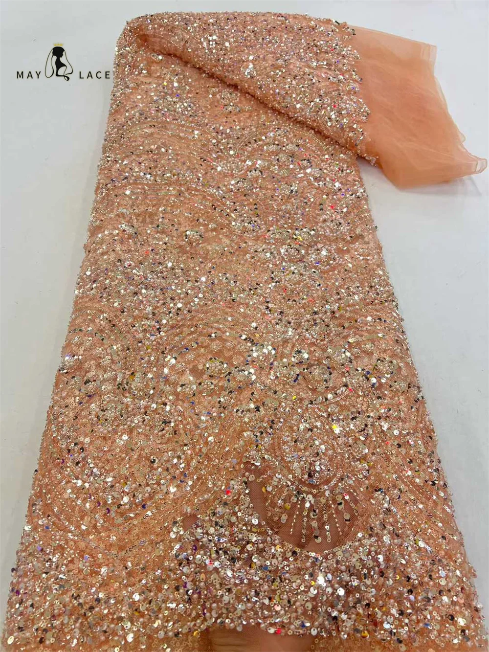 2026 New Design Luxury African Beaded Lace Fabric 5 Yards of African Sequins Lace Fabric For Wedding Party Gown Sewing Material 5