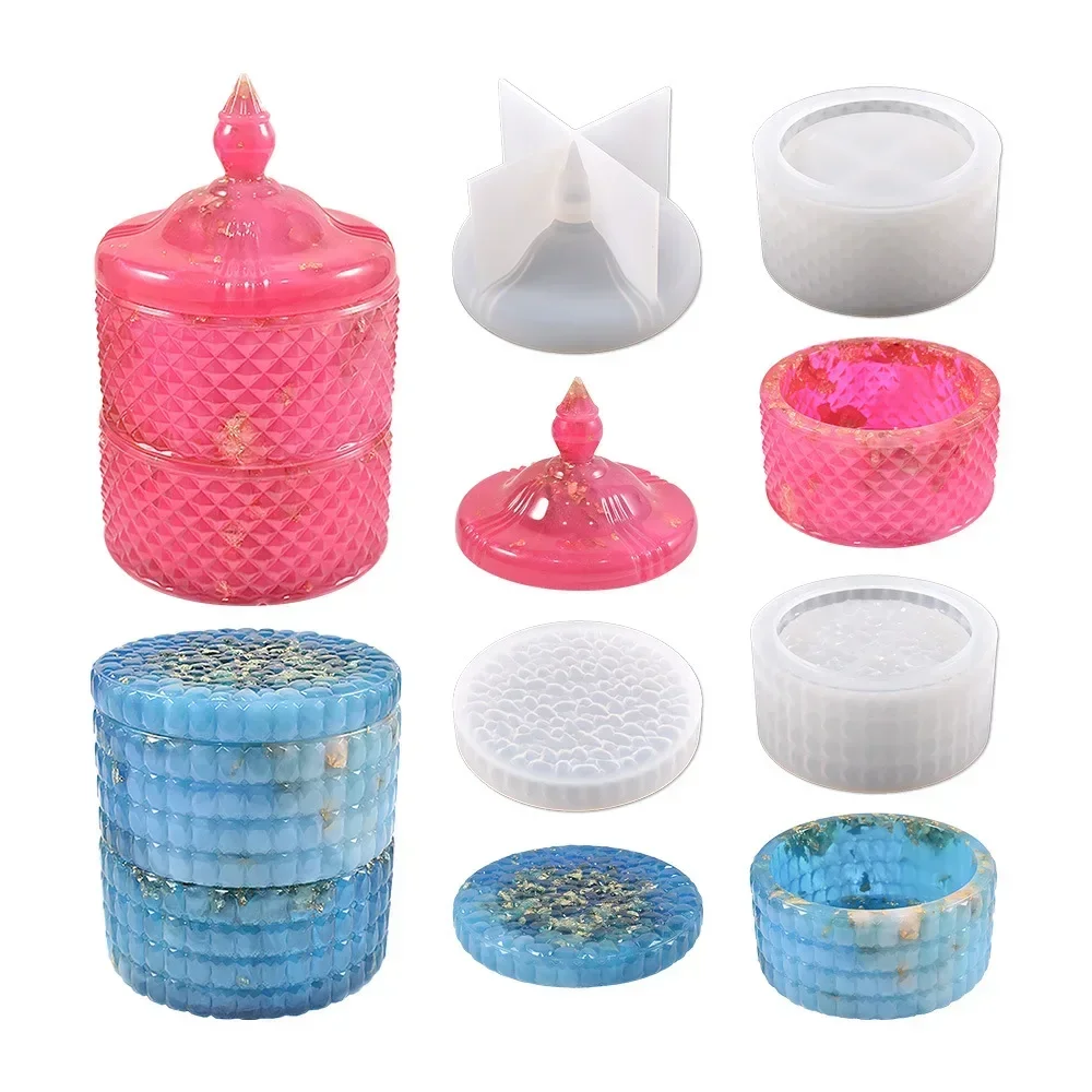 Hot Diy Storage Box Silicone Mold Crystal Drip Rubber Round Diamond Checkered Roman Stacking Round Box Silicone Mould