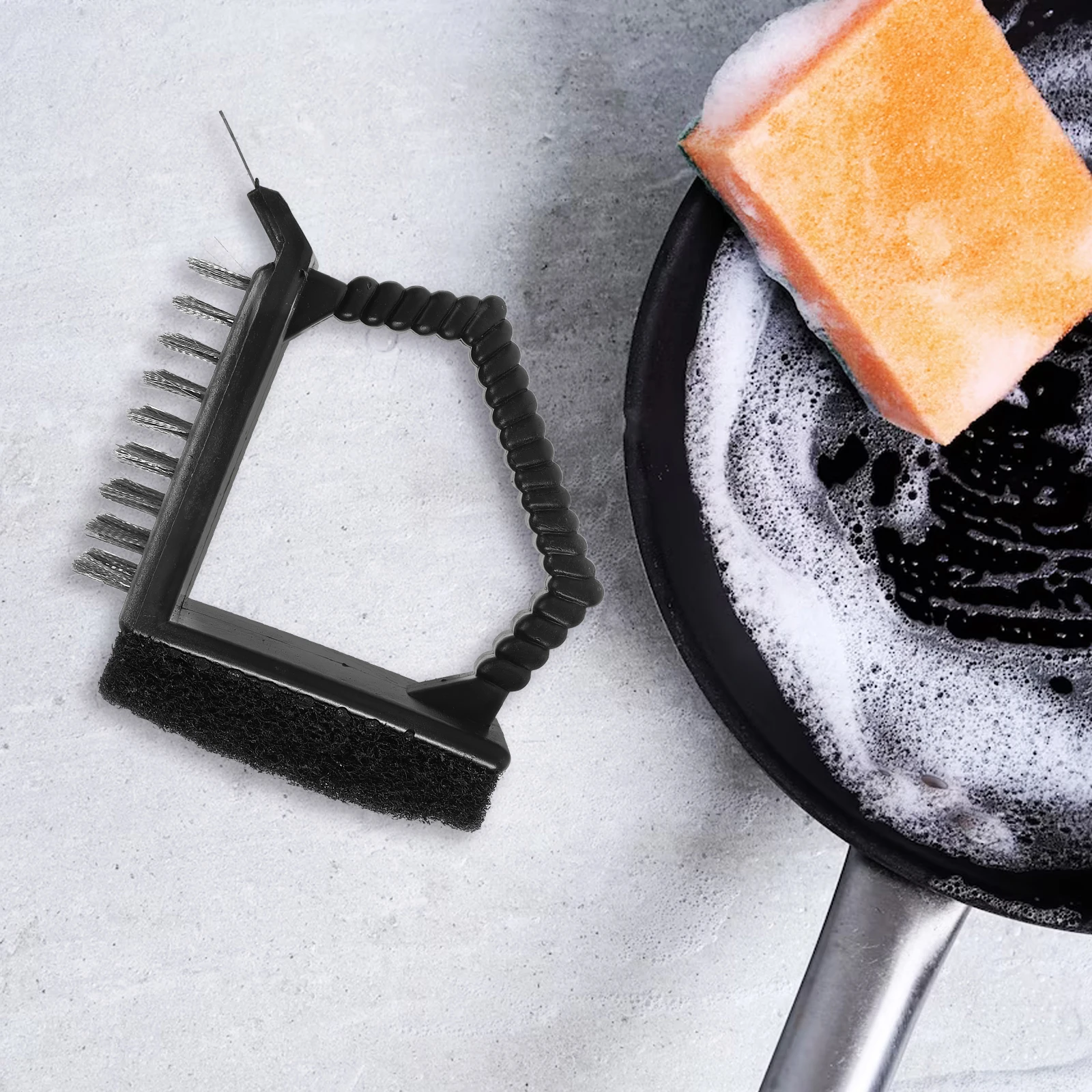 Cepillo de alambre para limpieza de parrilla de barbacoa, accesorios para barbacoa de acero inoxidable de ángulo recto, mango largo de Color negro para limpiador de rejilla de parrilla