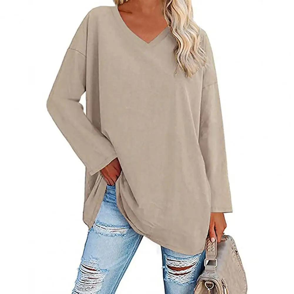 Fashion T-shirt Top  Breathable Stretchy Autumn Top  Solid Color Loose Lady Tunic Blouse