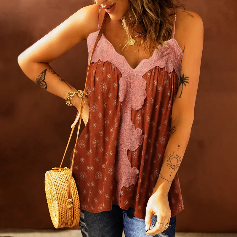 

Shiying Summer New Spliced V-Neck Strap Top Women's Printed Loose Casual Tank 2565729