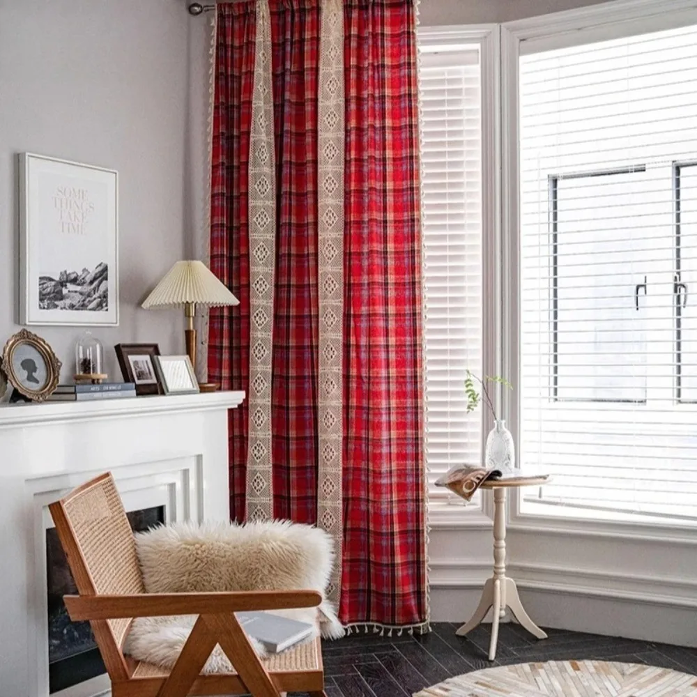 American Christmas Red Cafe Lattice Spliced Crochet Tassel Curtains Festive Color Woven Semi-black Finished Bay Window Curtains