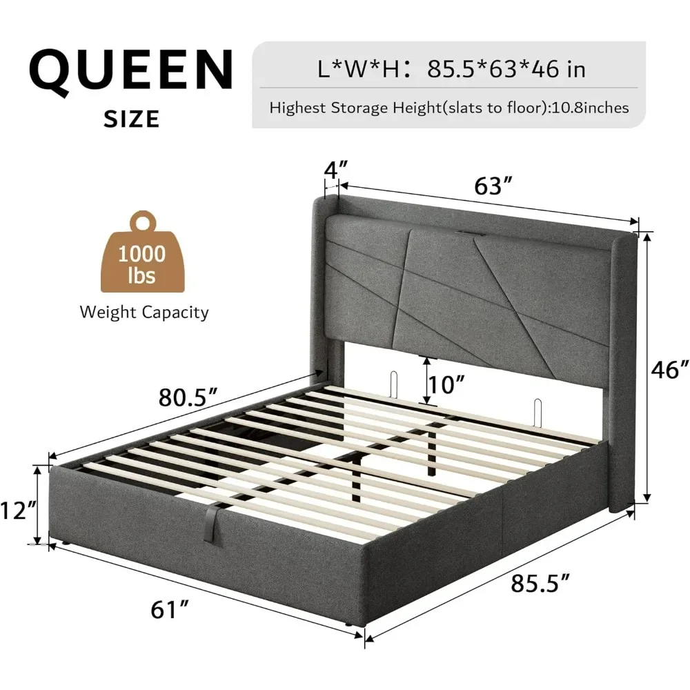 Large lift storage bed frame with headboard, hydraulic storage, no need for spring mattress, no noise, dark gray