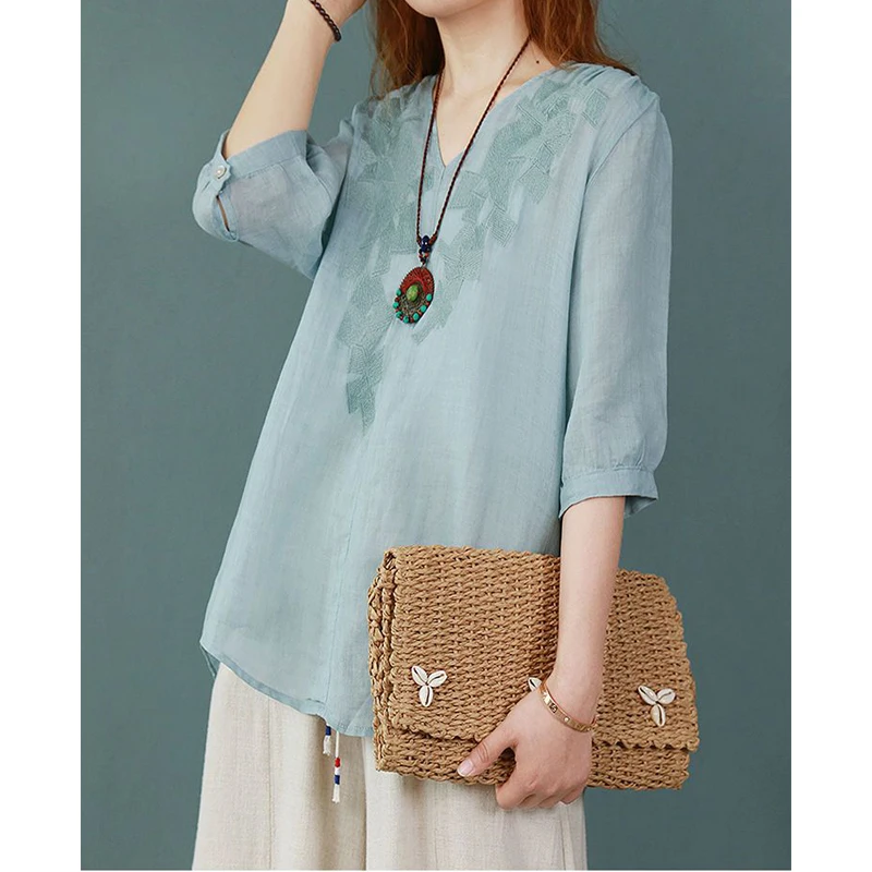 Women\'s Retro Ethnic Style Embroidery Blouse Summer V Neck Short Sleeve Elegant Shirt Solid Loose Tunic Tops Cotton Linen Blusas