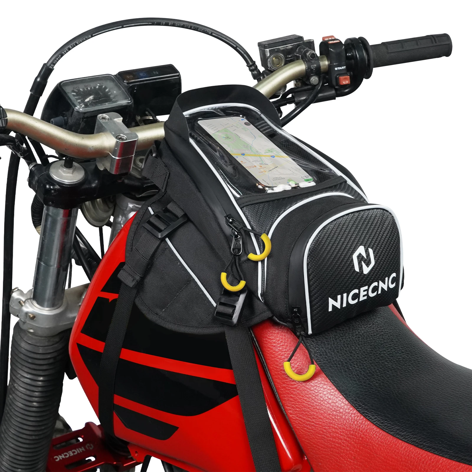 NICECNC Tank Bag Motorcycle Oil Fuel Saddlebag for Kawasaki Yamaha Ducati Visuable Pouch Dual Sport Dirt Bike Storage Pack Black