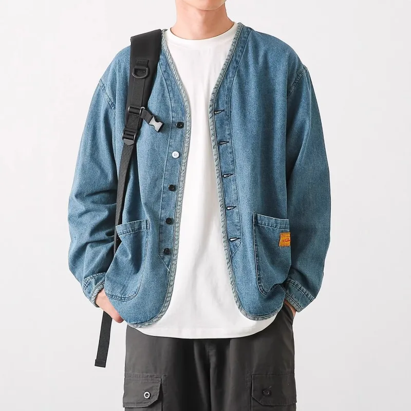 Men Jacket Spring Vintage Single-breasted Round Neck Male Denim Coat Simple Long Sleeve Pocket Casual Man Short Outerwear
