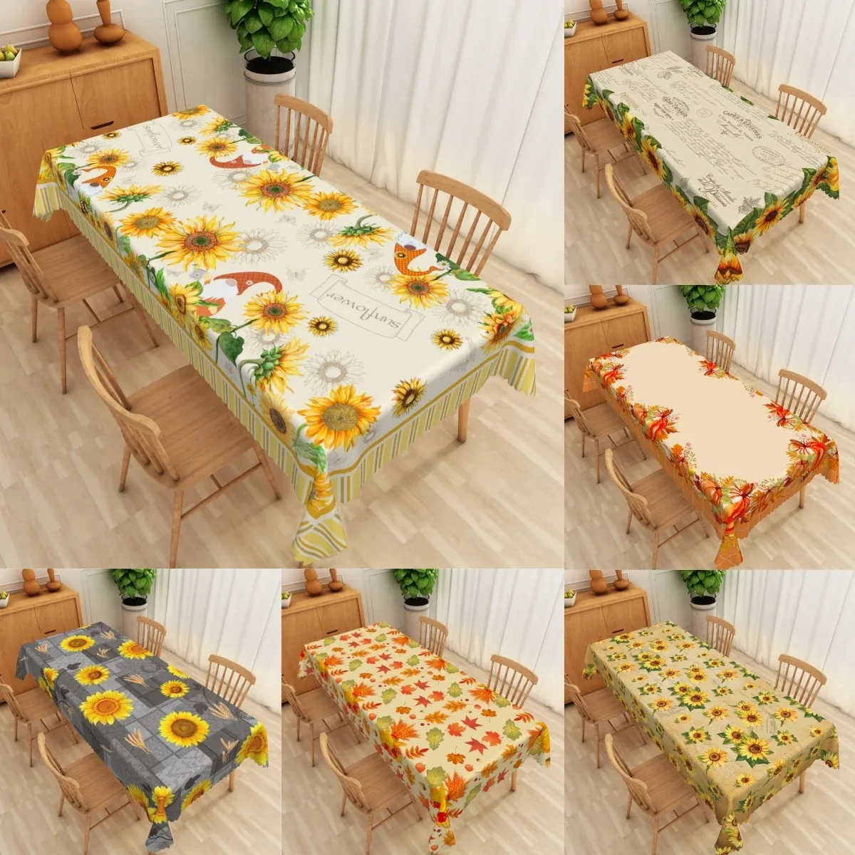 

Waterproof Polyester Tablecloth Sunflower Gnome Print Rectangular Table Cover Autumn Dining Room Decor Kitchen Party Picnic