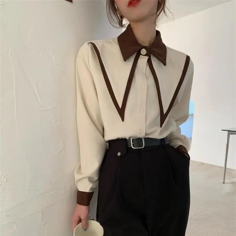 Korean Version Temperament Women\'s Clothing 2023 Autumn and Winter New Splice Button POLO Collar Long Sleeved Solid Color Shirt