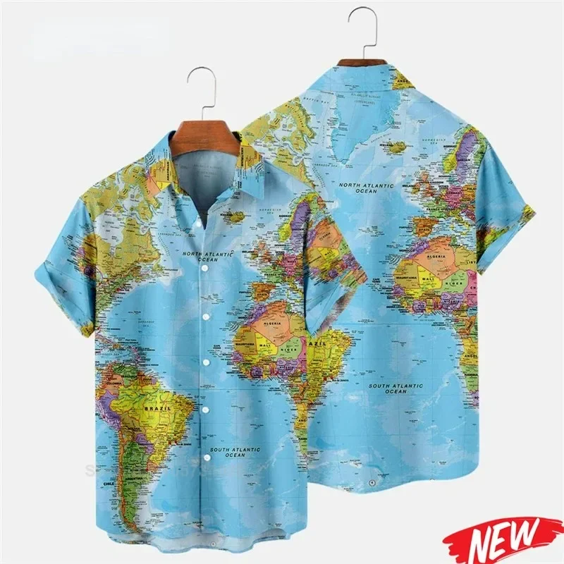Chemises Hawaïennes Rétro Imprimées en 3D avec Cartes pour Hommes et Femmes, T-shirts Décontractés à Revers et Manches Courtes, Style Urbain