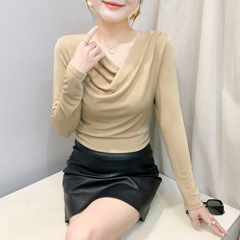 

2025,Spring,New,European,Clothes,Mesh,T-Shirt,Chic,Sexy,V-Neck,Solid,Draped,Women,Tops,Long Sleeve,Bottoming Shirt,Tees,59010